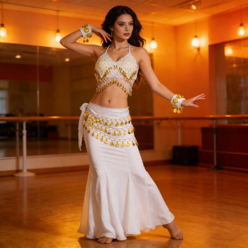 Indian Dance Costume Set With Swinging Fringe And Shimmering Waist Chain For Belly Dance Shows