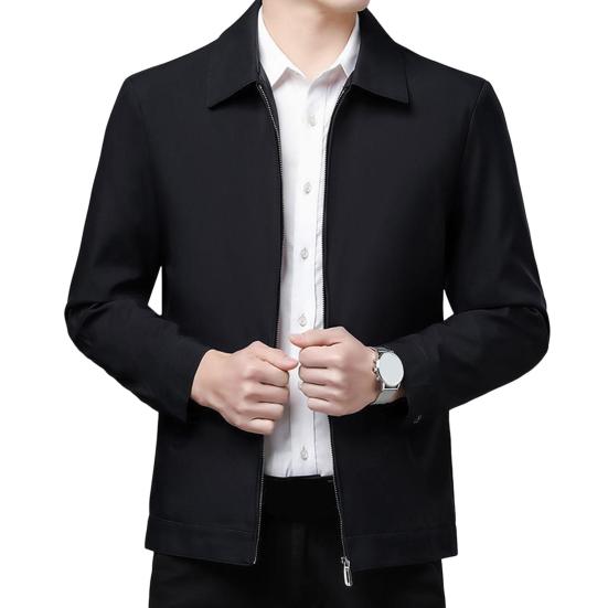 Men Jacket Lapel Long Sleeve Zipper Placket Middle-aged Coat with Side Pockets Solid Color Casual Jacket Outwear