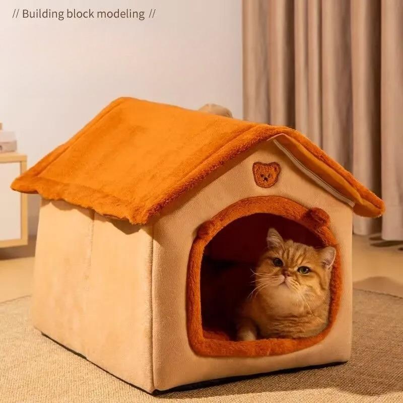 All-Season Enclosed Cat House Villa Washable Dog Bed Winter Insulation Sleeping Nest for Cats