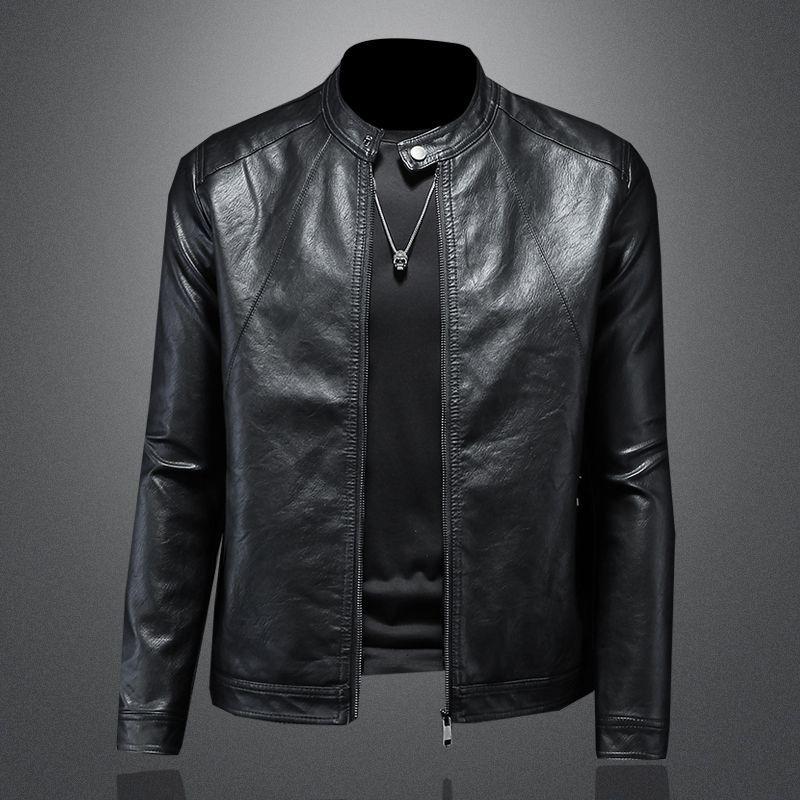 2025 Men's Trendy Slim Stand-up Collar Leather Motorcycle Jacket