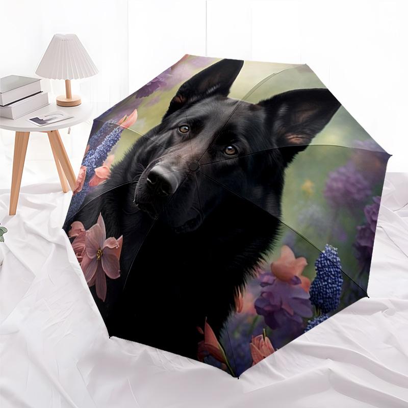 

Cute Fluffy Puppy Print Folding Umbrella, Blue Starry Sky Design Compact Sun/Rain Umbrella