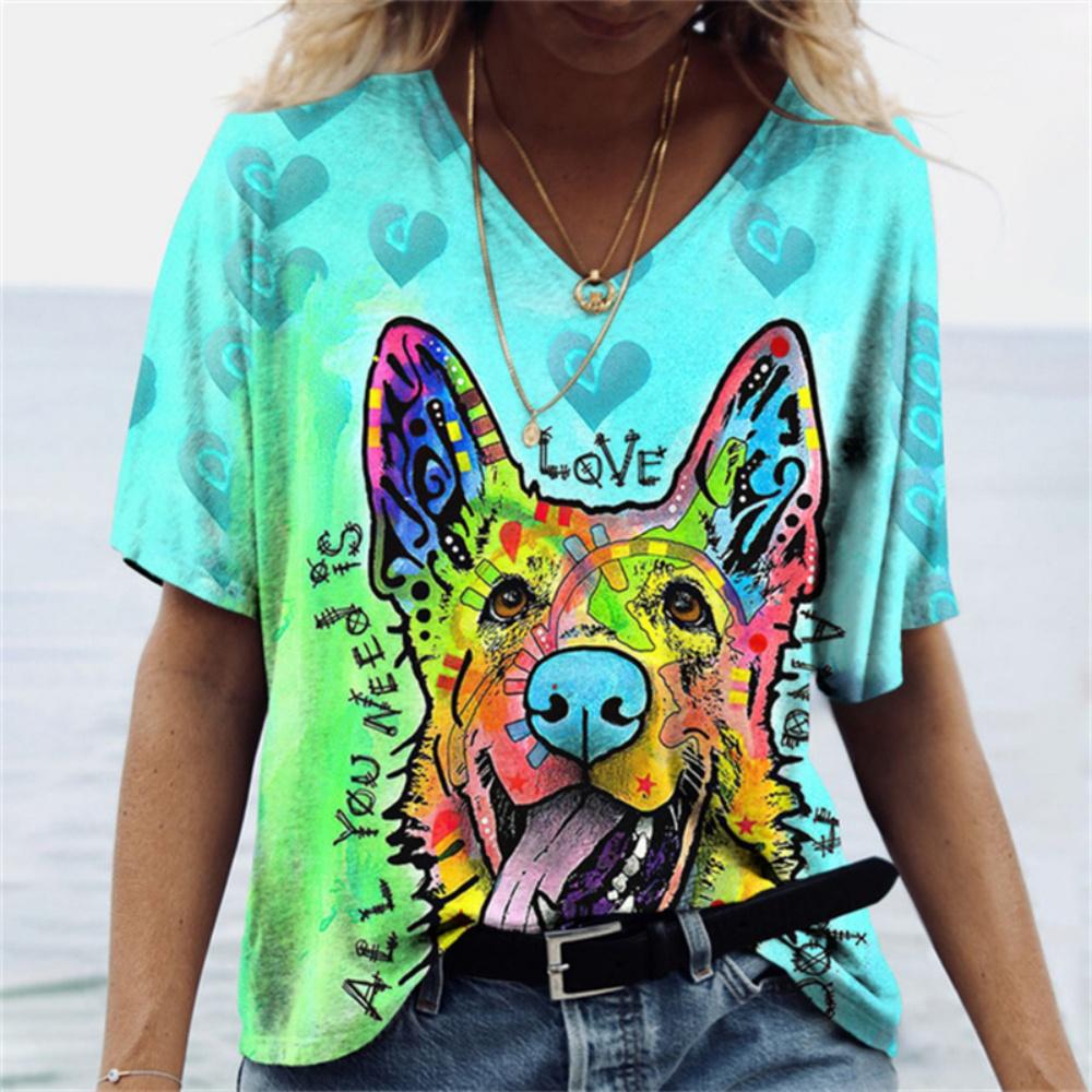 Summer V-neck 3D Printed Vintage Colorful Cat Funny Pattern Top Fashionable Casual Short Sleeved Women's T-shirts