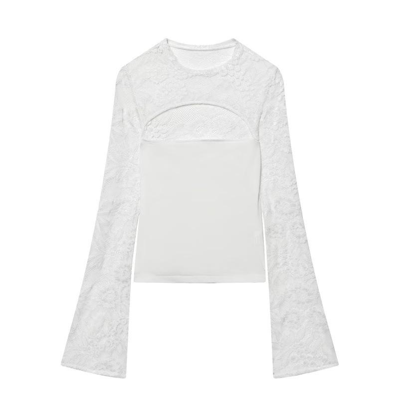 

Spring 2026 European & American Style Lace Patchwork Hollow Bell Sleeve Slimming Top Large білий