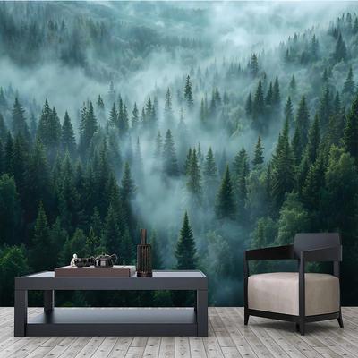 Wandbild Tapete Nebliger Wald, Wandbild Dunkelgrüne Kiefern, Wandbild Naturlandschaft, Tapete für Schlafzimmer und Wohnzimmer