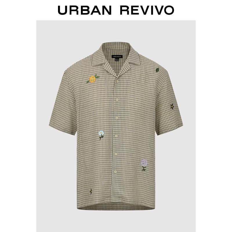 UR Men s Floral Embroidered Plaid Short Sleeve Shirt XL