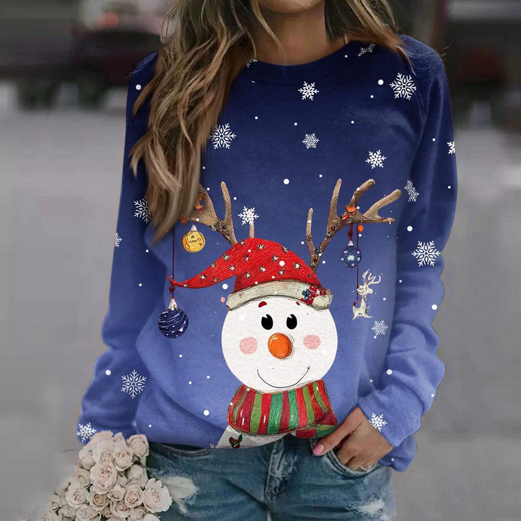 Women's Fashion Casual Long Sleeve Christmas Printed Neck Sweatshirt Top