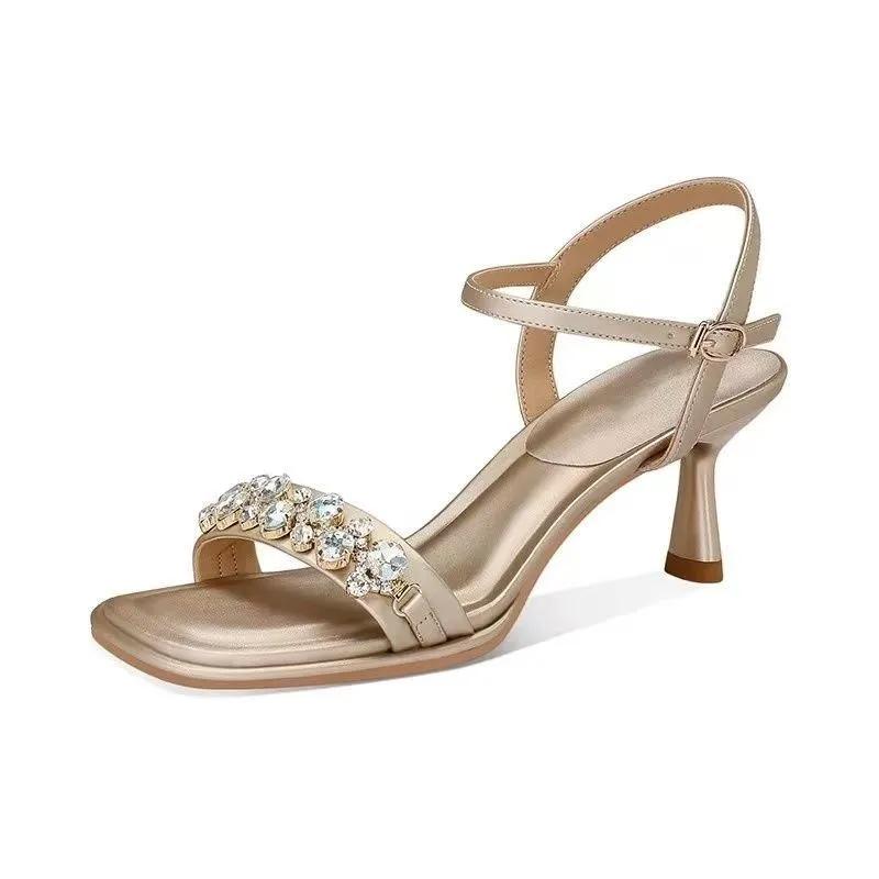 Fashion Temperament French Women 2025 High Heels Fairy Summer New One-word Rhinestone Square Toe Sandals