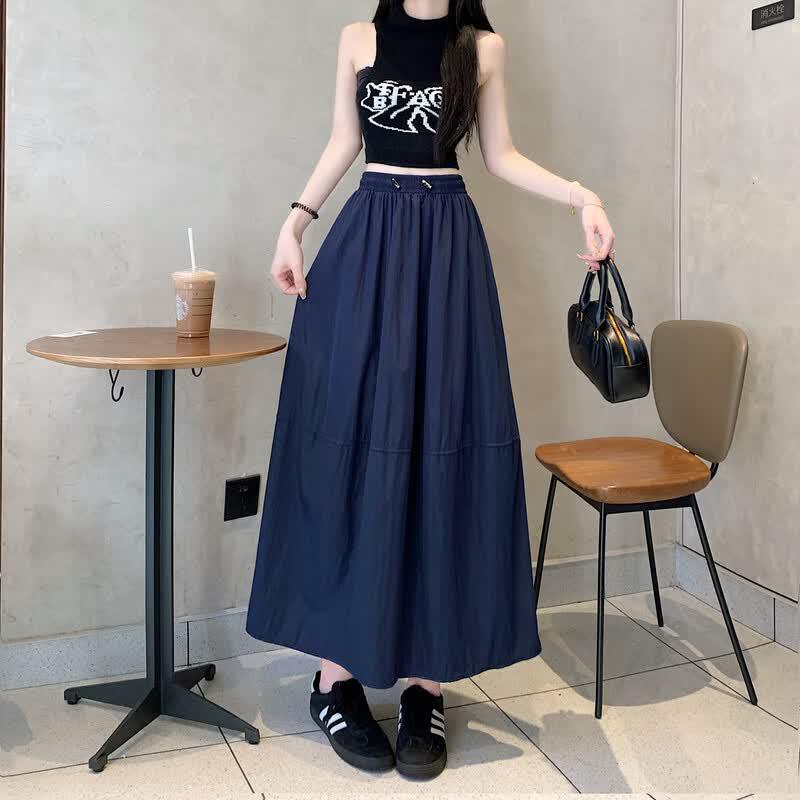 Drawstring Tiered Pleated Midi Skirt XL