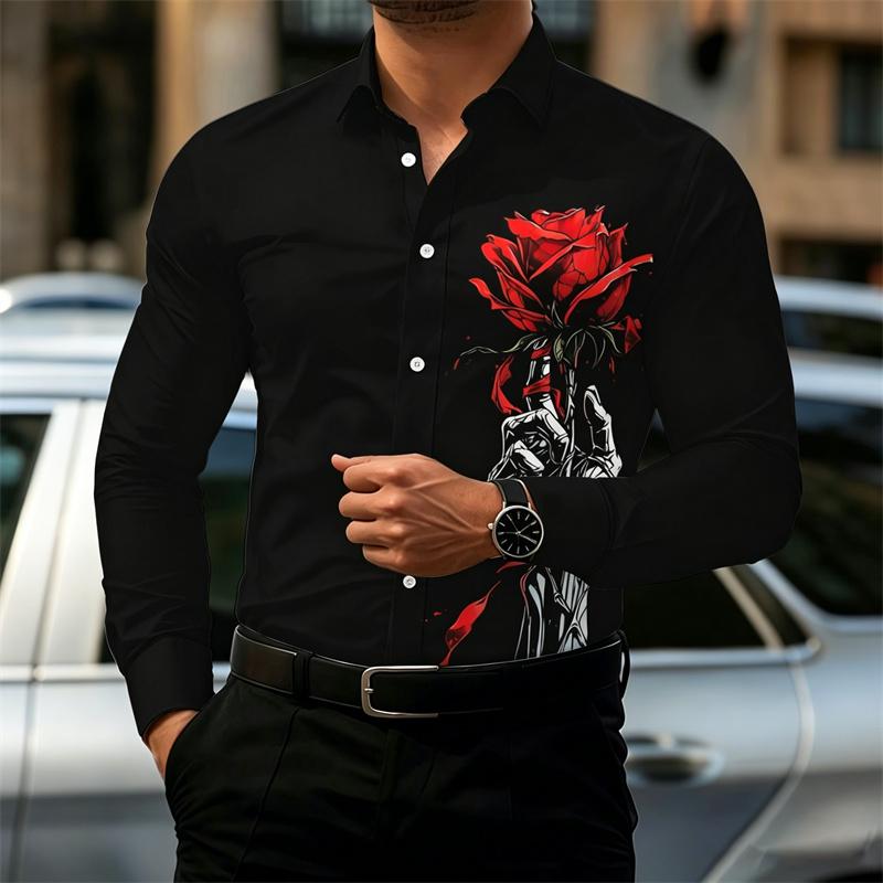 Men's Shirt with Retro Artistic Floral Print, Stylish Lapel, Long Sleeves, Business Casual, Trendy and Individualistic Style.