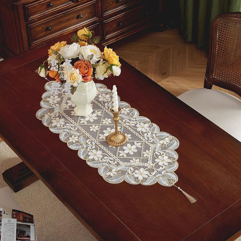 Elegant Table Runner with Coffee-Colored Floral Embroidery and Lace Detailing - Ideal for Home, Festive Outdoor Picnics, Parties, and Weddings