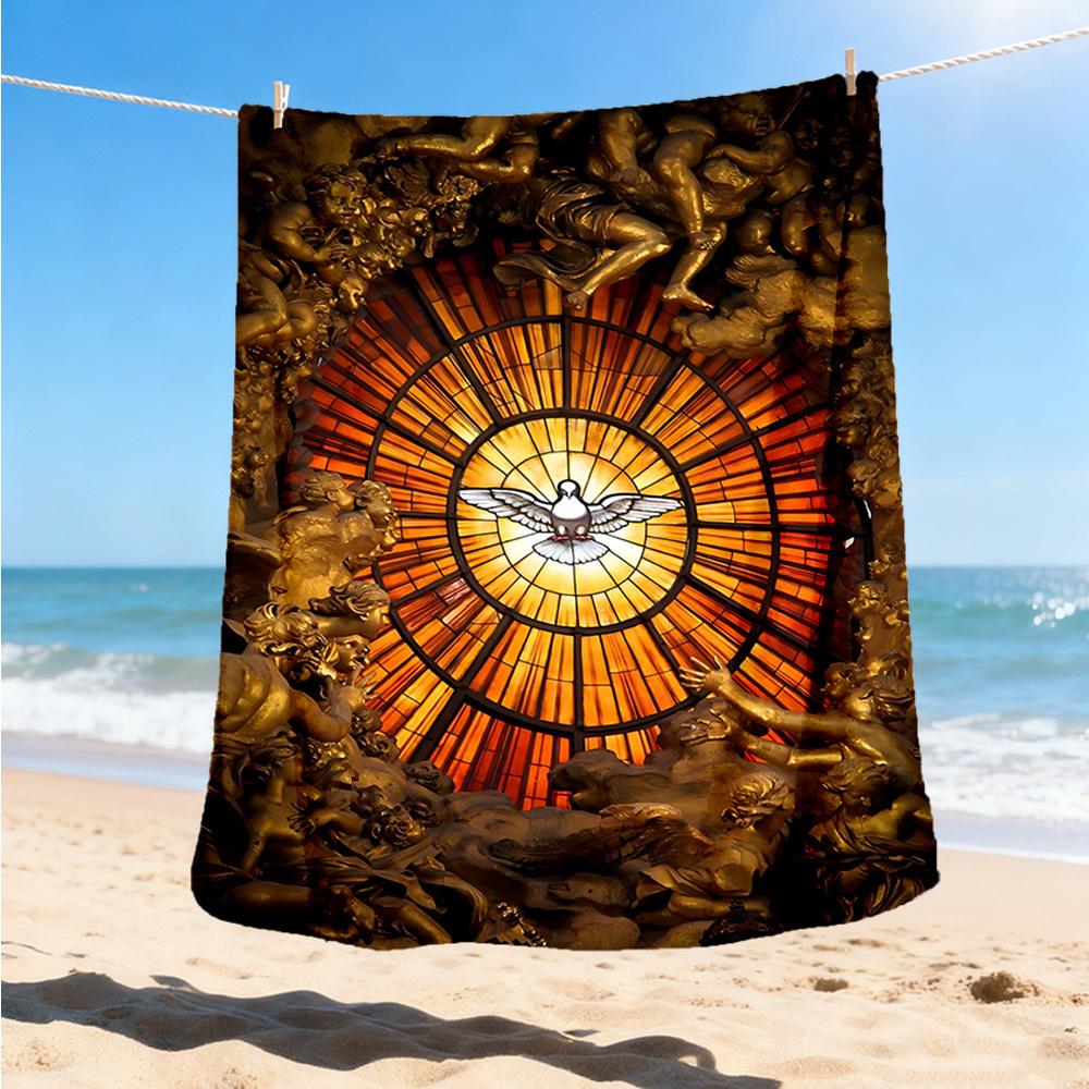 1pc Stained Glass Window Print Outdoor Blanket, Lightweight Polyester,