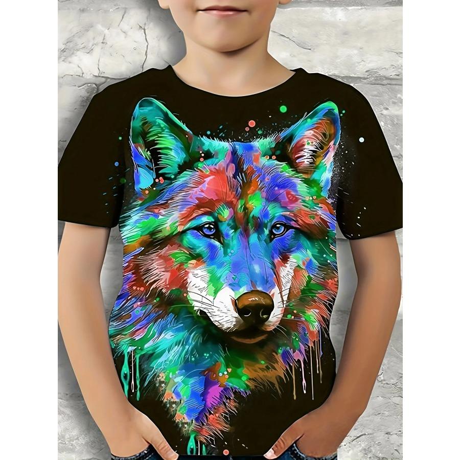 Kinder T-Shirt Cooles Wolf Grafik T-Shirt für Jungen Kleidung 3D Gedruckte Mädchen Kurzarm T-Shirts Lässige Schwarze Baby Sommerkleidung