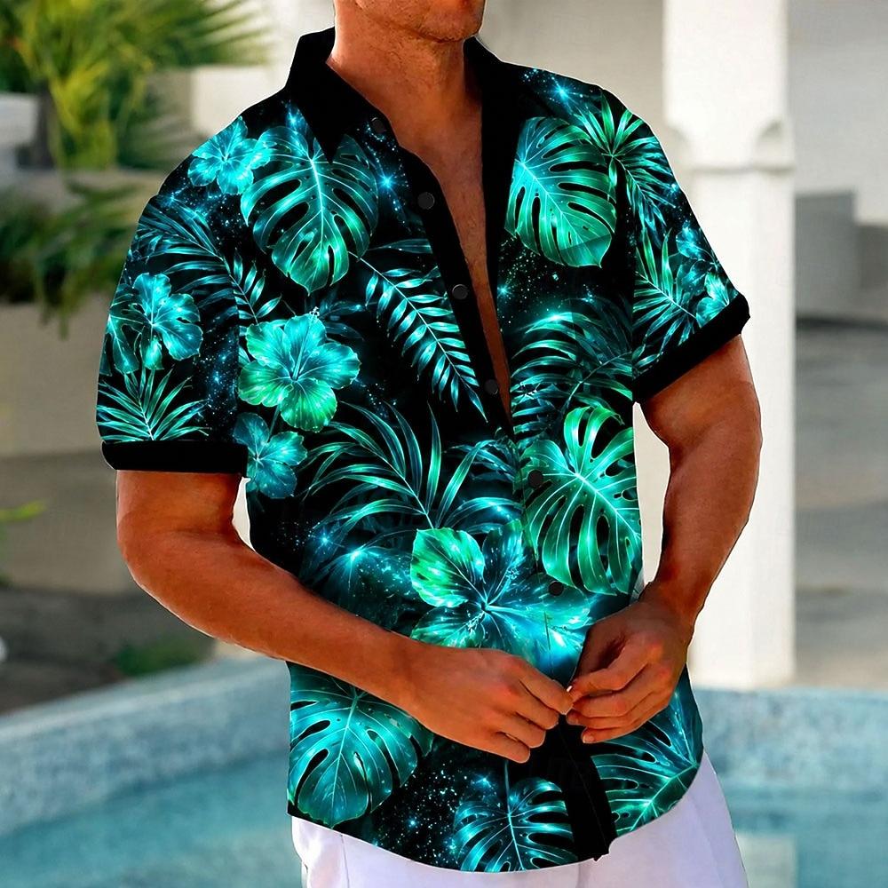 Men s Tropical Plants Neon Glow Flower / Floral Shirt Summer Hawaiian Shirt Tropical Shirts Short Sleeve S