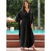 Women's Boho Style Cover Up, Plus Size Solid Color V Neck Batwing Sleeves Woven Design Loose Fit Beach Kaftan Dress