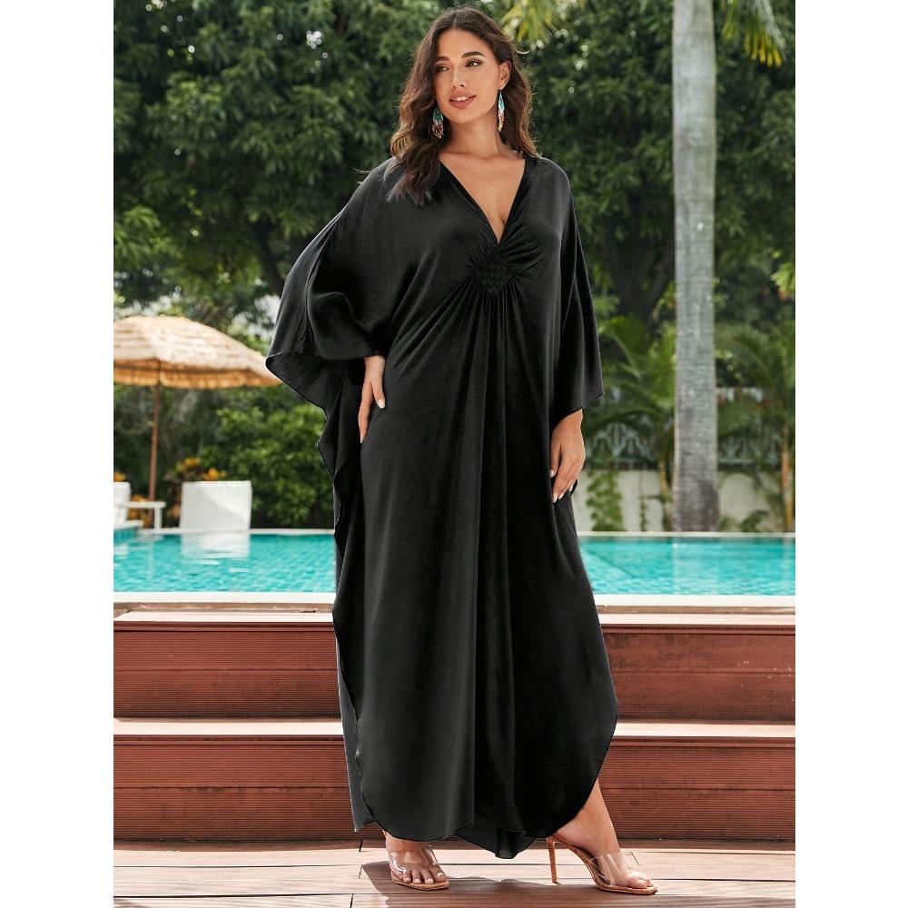 Women's Boho Style Cover Up, Plus Size Solid Color V Neck Batwing Sleeves Woven Design Loose Fit Beach Kaftan Dress