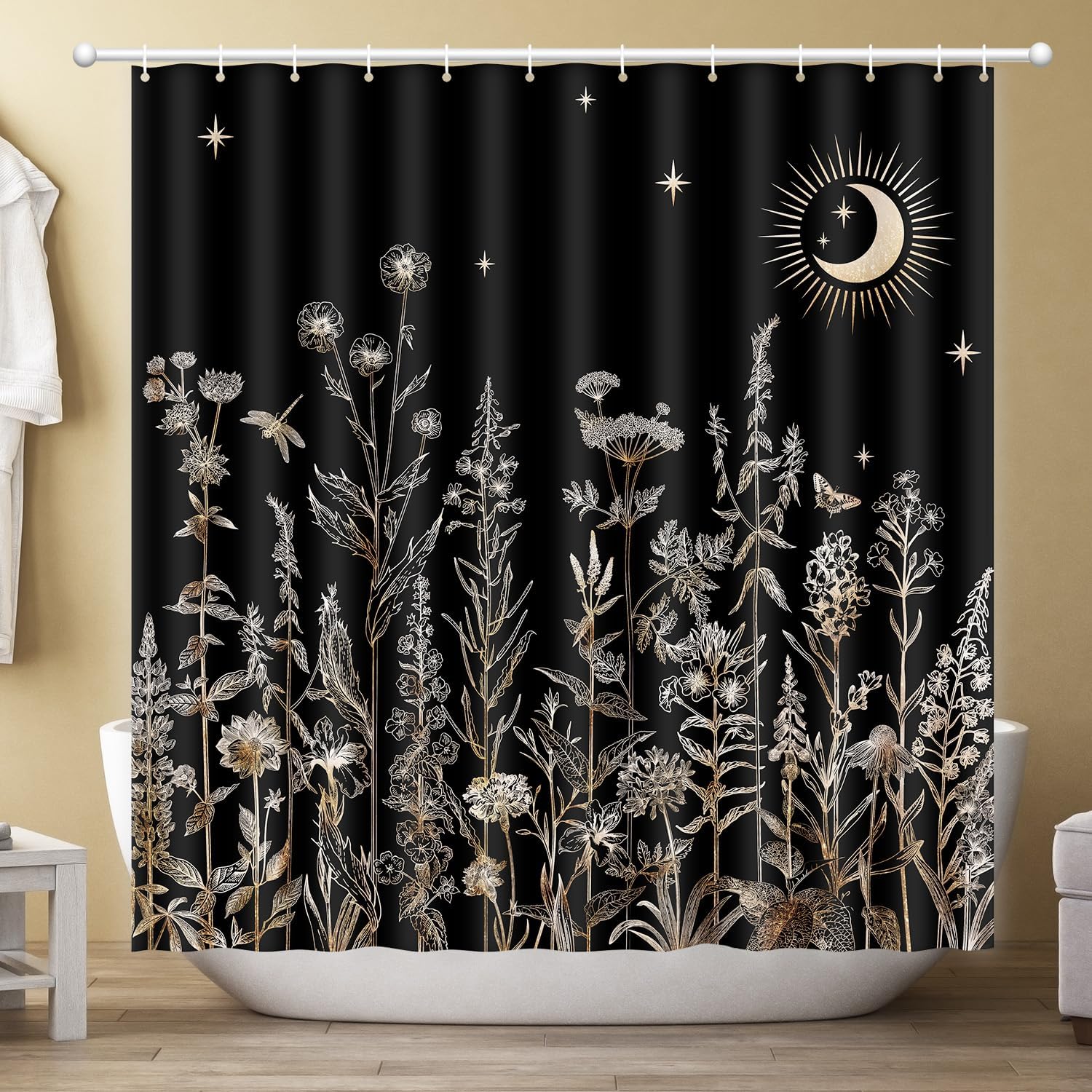 

Black & Gold Floral Shower Curtain – Vintage Botanical Garden With Moon & Stars, Boho Farmhouse Decor W60H190(CM)-1 Pcs