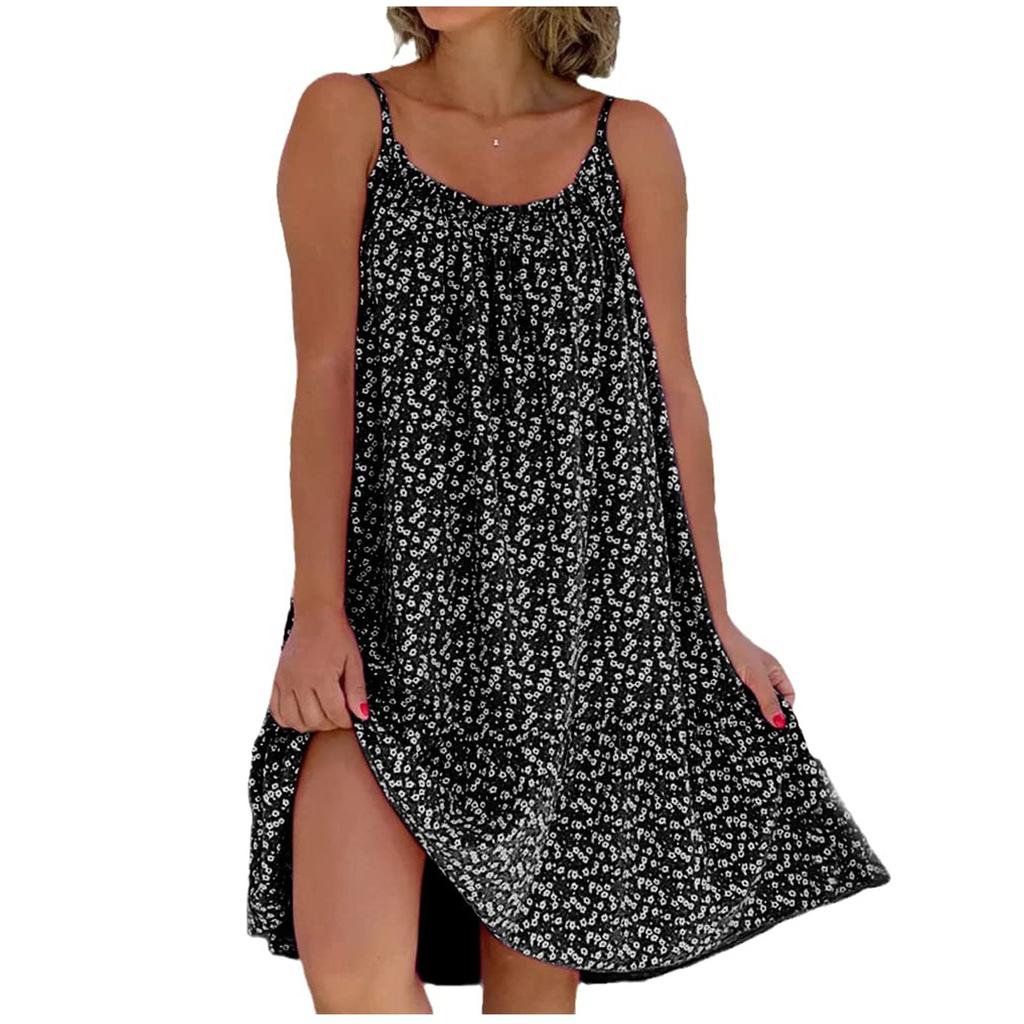 Women's Fashion Casual Solid Color Round Neck Polka Dot Print Sling Dress