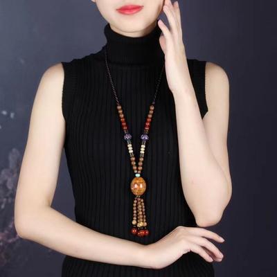 GemChic Women's New Ethnic Wood Beads Ceramic Pendant Necklace Vintage Adjustable Long Chain Fashion Birthday Christmas Jewelry Gift