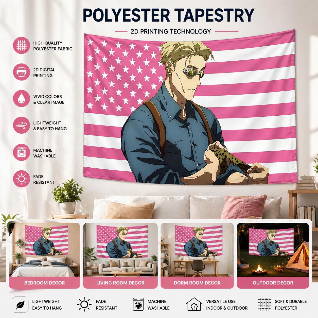 Jmg Household Supplies Unisex Pink K-Kaisen Nanami Kento Tapestry Flat Print Stars And Stripes Flag Wall Hanging For Bedroom Dorm Aesthetic Room Decor