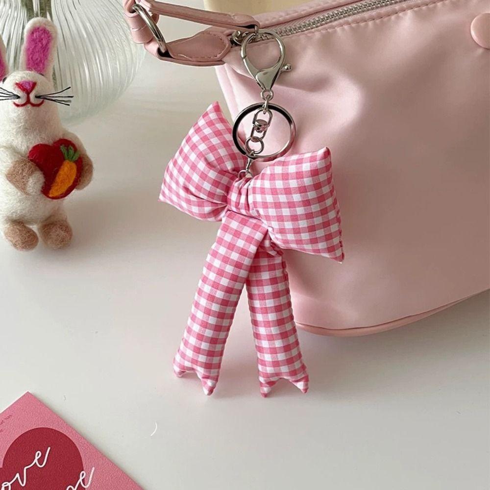Y2K 3D Bowknot Keychain Keyring Accessories Pink Color Pink Blue Plaid Bow Keyring Cute Backpack Pendant Charm Backpack Pendant