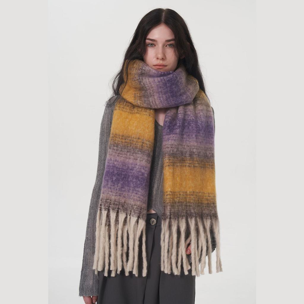 Imitation Cashmere Plaid Women's Winter Enlarged and Widened 50cm Color Matching Warm and Comfortable Striped Plaid Fringed Scarf Shawl