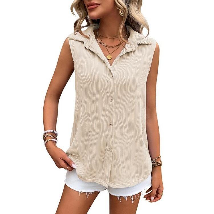 Summer Sleeveless Lapel Button Blouse Shirt Top Women Solid Color S