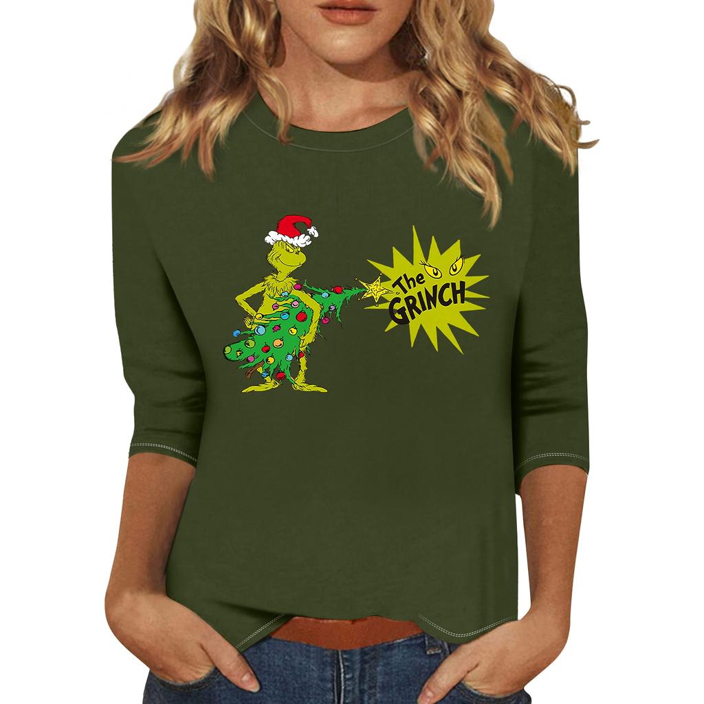3/4 Sleeve Tops For Women T-Shirt Casual Christmas Print Tops T Shirt Round Neck Pullover Blouse