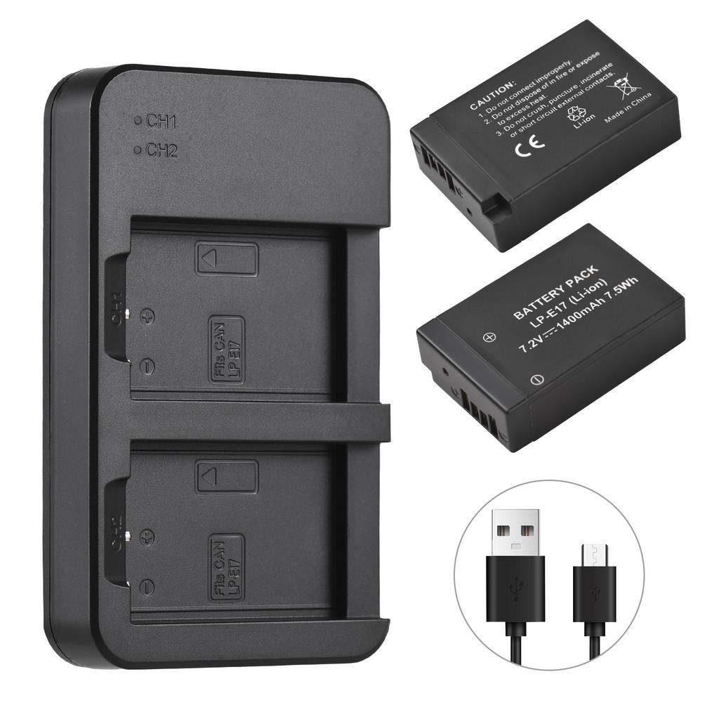 Camera LP E17 Battery & Charger Kit with 2 slot Battery Charger + 2pcs LP E17 Batteries 7.2V 1400mAh + USB Charging