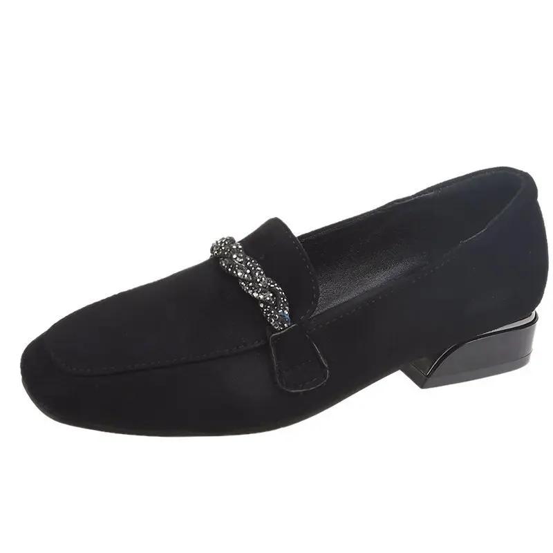 Damen Wildleder Flache Einzelne Schuhe Frühling Neue Mode Damen Quadratische Zehenpartie Weiche Sohle Loafer Vielseitig zum Hineinschlüpfen Schwarze Abriebfeste Schuhe