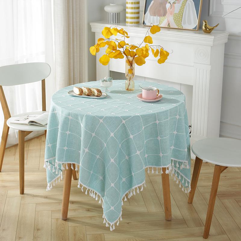Nordic Ins Style Round Table Cloth Fringed Large Plaid Picnic Table Fabric Imitation Cotton And Linen Tablecloth Cover Cloth Spot Batch