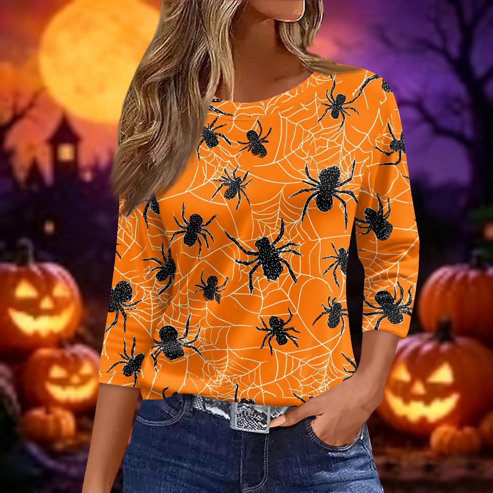 Women s 3/4 Sleeve Neck Loose Fit Casual Halloween Print T-Shirt XL