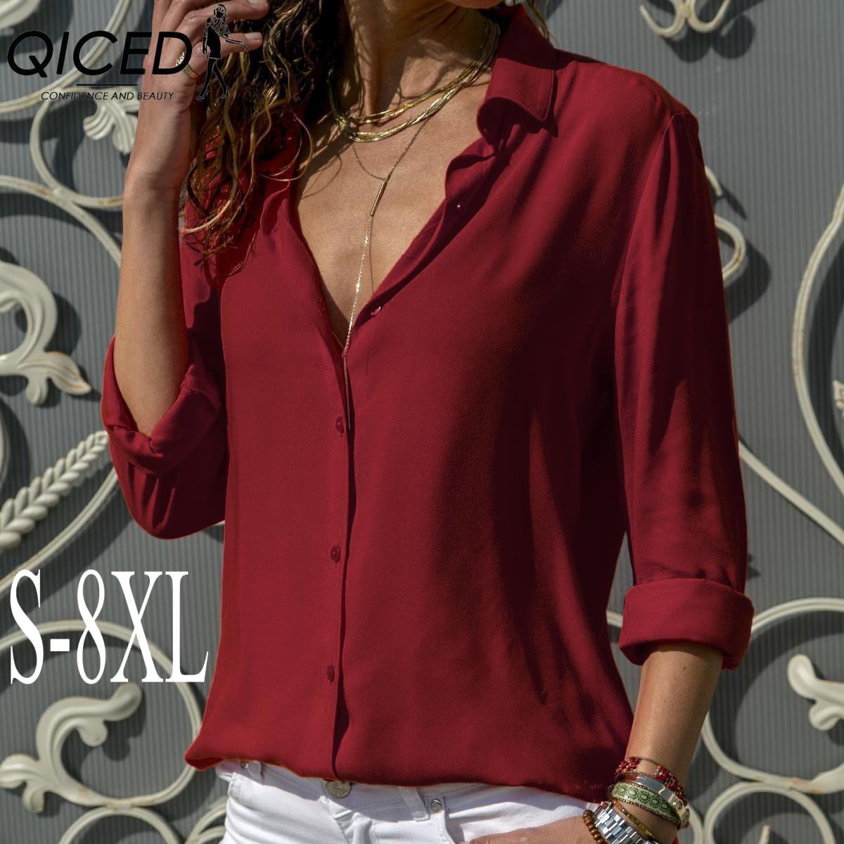 

QICED Женская Мода Повседневный Однотонный Принт Длинный Рукав Воротник ПОЛО Блузки и Рубашки XXXXXL