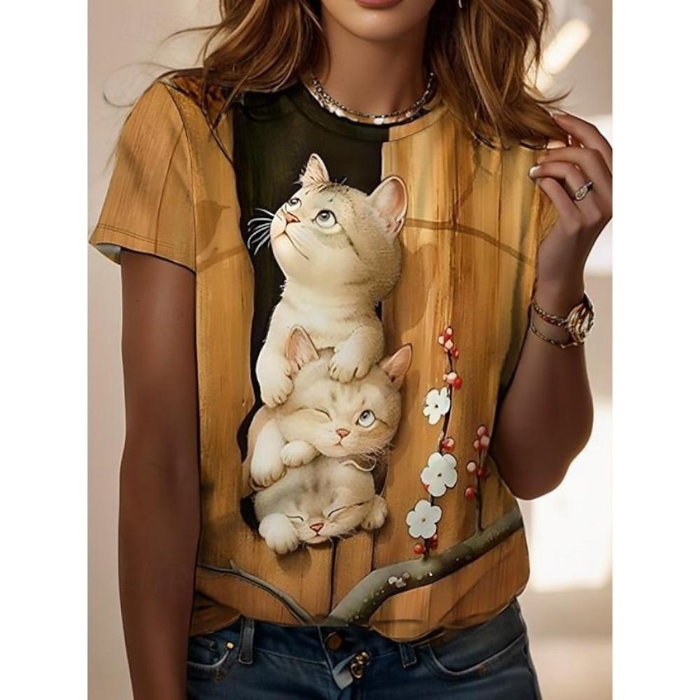 Söt kattmönster 3D-tryckt T-shirt dam sommar O-hals kortärmad topp street lös
