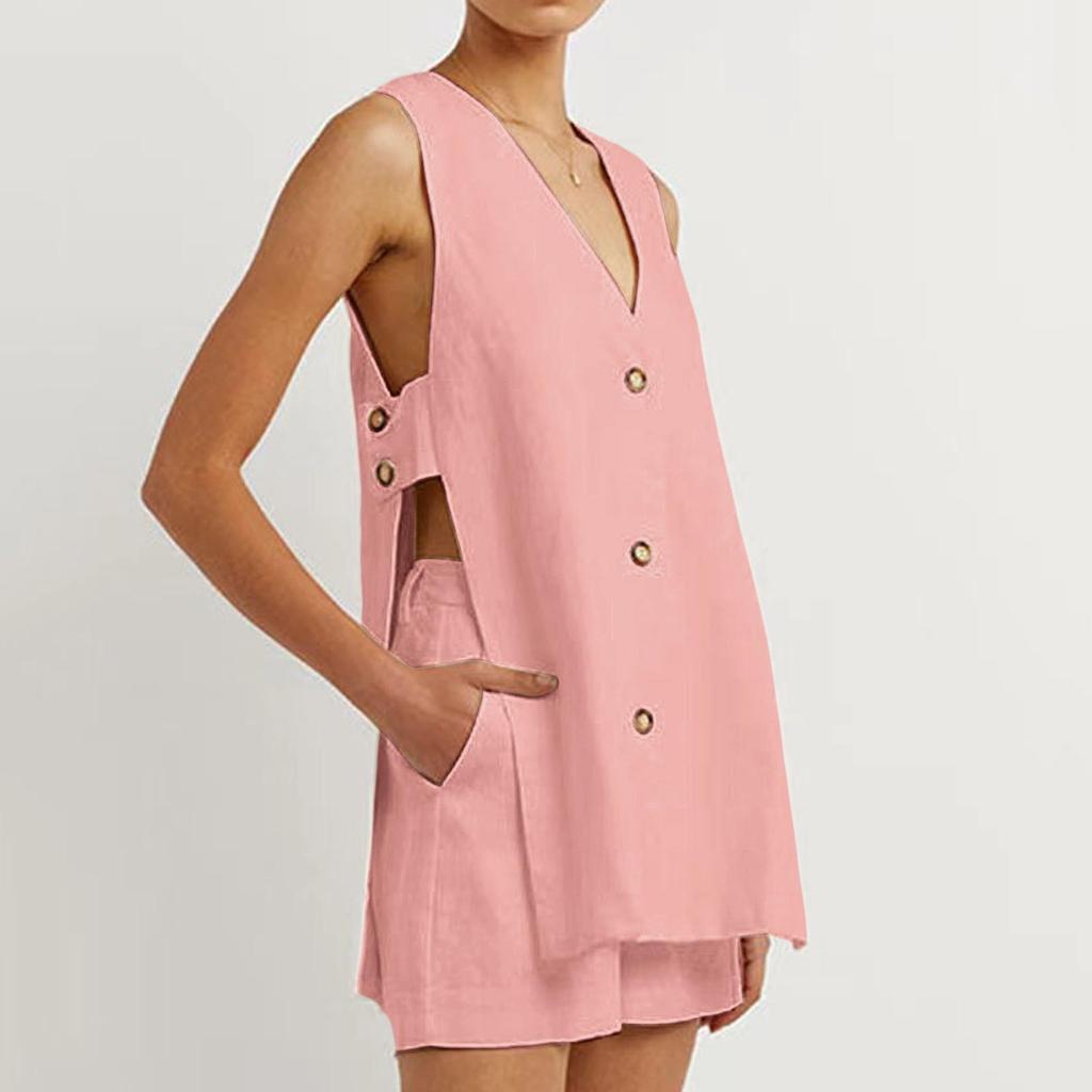 Damen V-Ausschnitt Seitlich Ausgeschnitten Knopfleiste Ärmelloses Oberteil Und Baggy Shorts Zweiteiliges Set