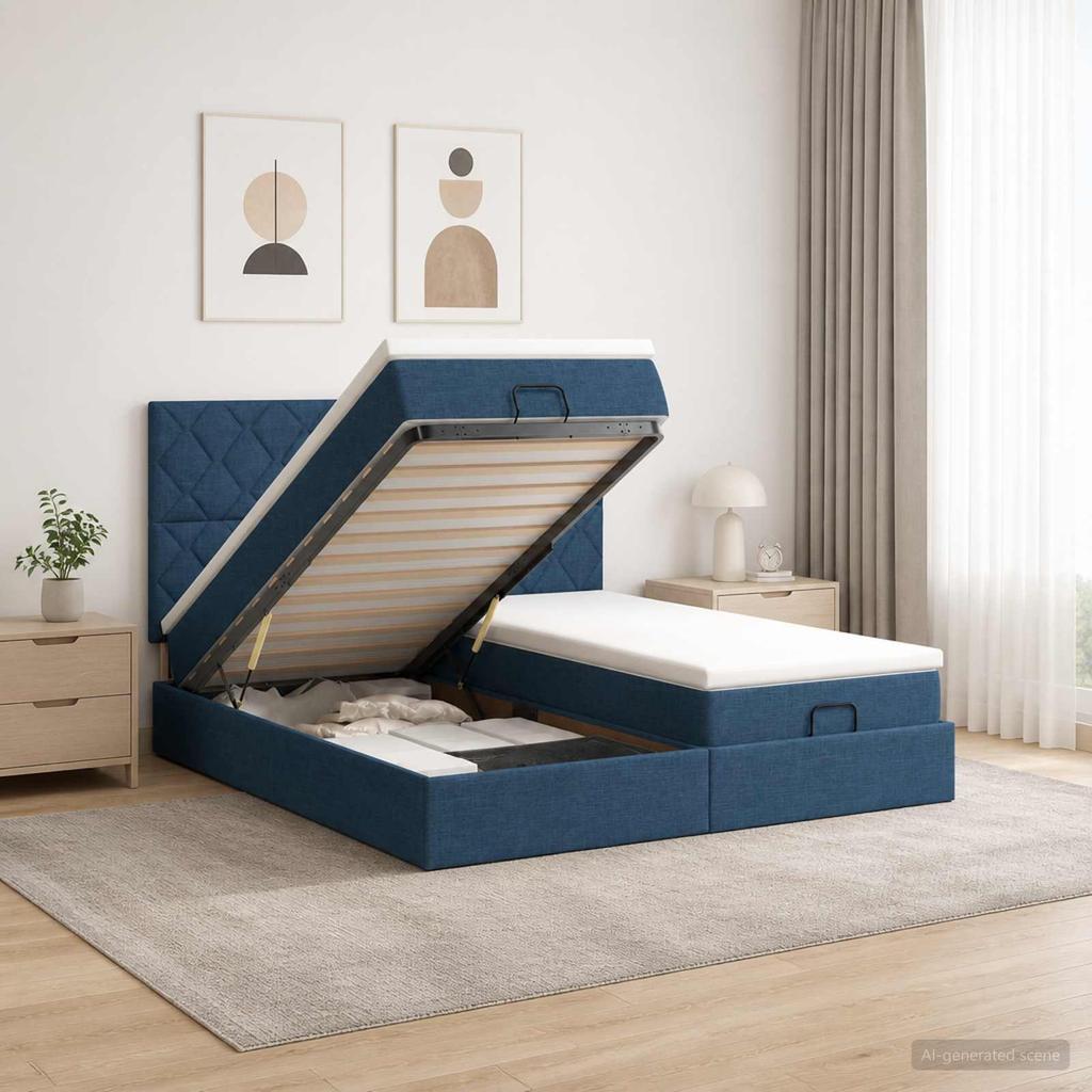 Ottoman Bed with Mattress and LED Blue 180 x 200 cm Fabric