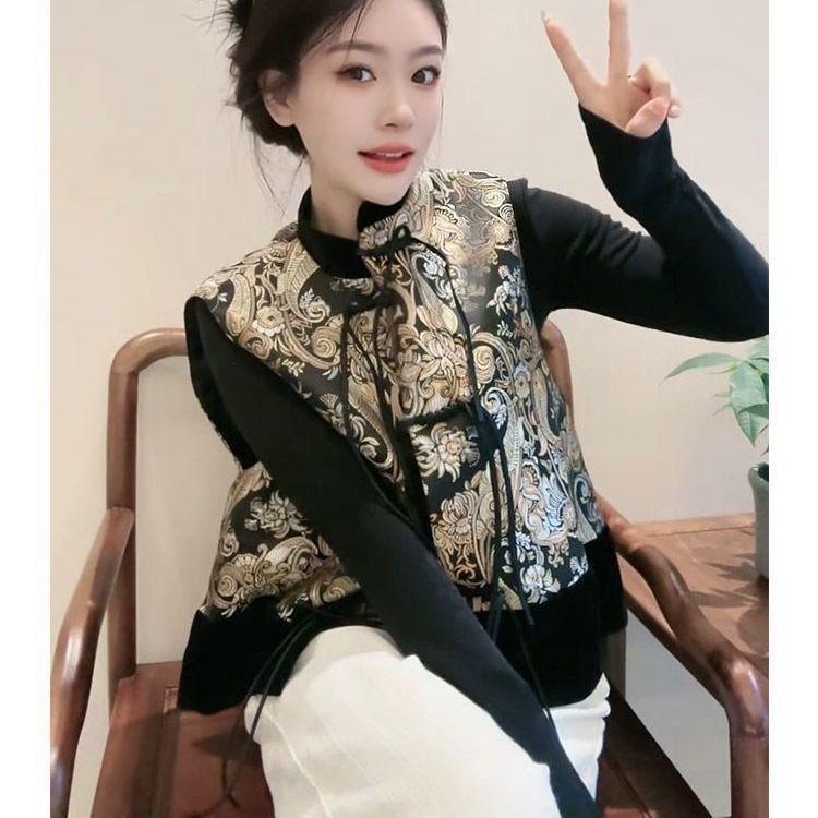 

Ретро жаккардовый жилет с бахромой 2025 новый жилет с воротником-стойкой супер красивый темпераментный топ 3XL (recommended 138-75kg)