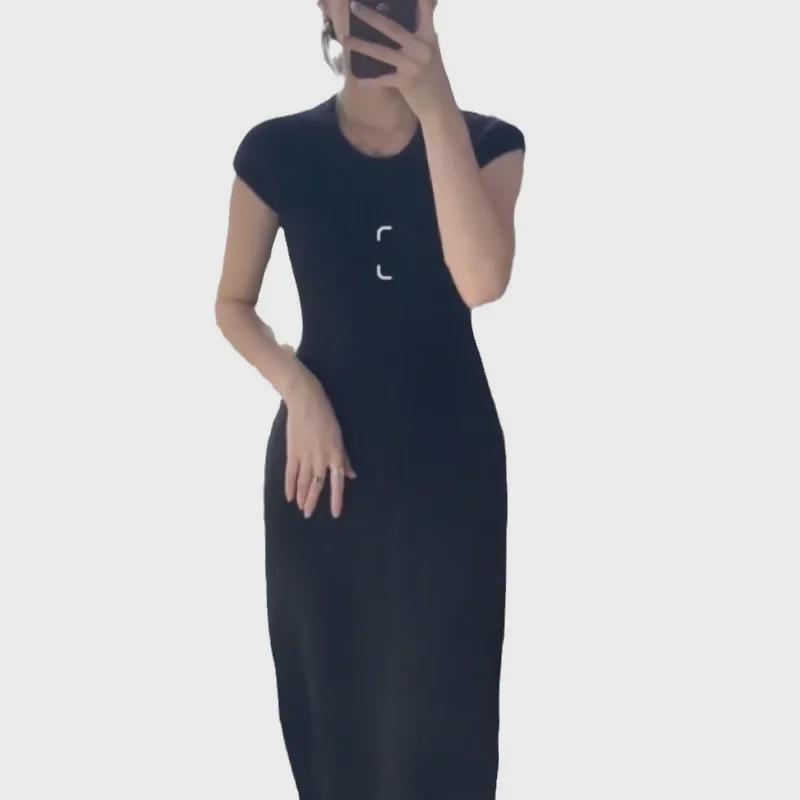 Women's Knitted Apricot Dress: Short-Sleeved, Long Skirt, Perfect for Early Autumn