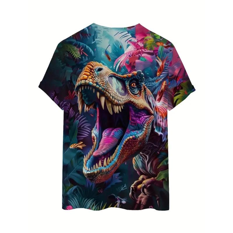 Men's 3D Dinosaur Printed T-shirt Casual Short Sleeved Round Neck Breathable Polyester Fabric Summer Style