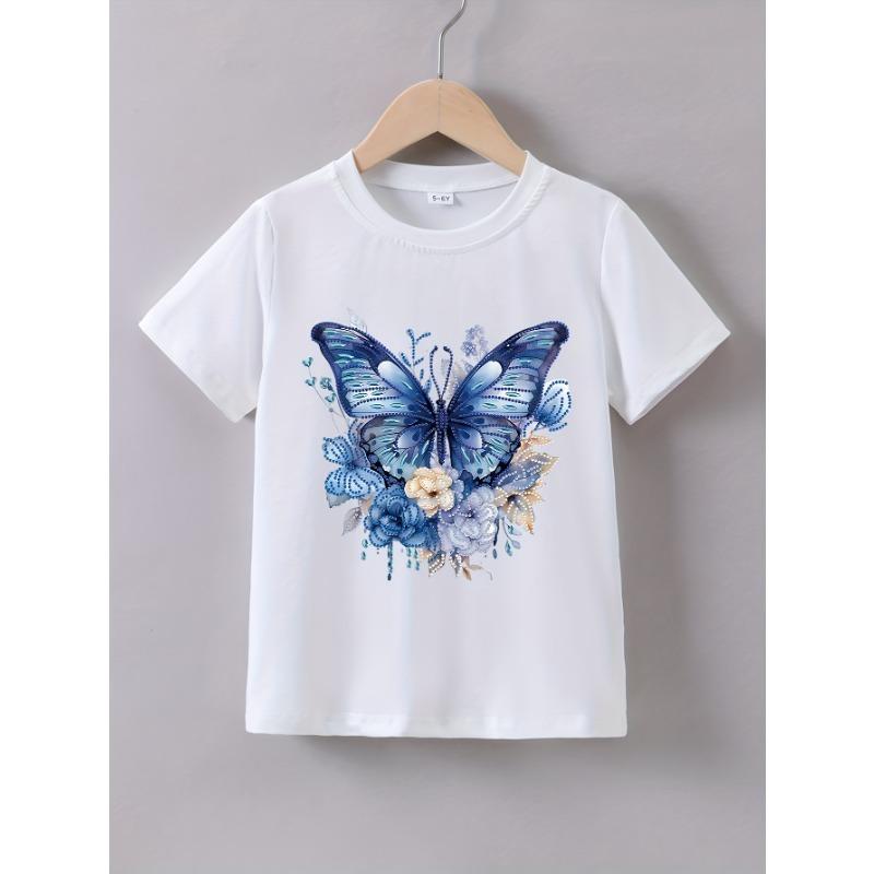 Tailles européennes Impression graphique Papillon T-shirts Créatifs Doux & Élastique Confortable Col rond Manches courtes T-shirt Hauts d'été pour filles
