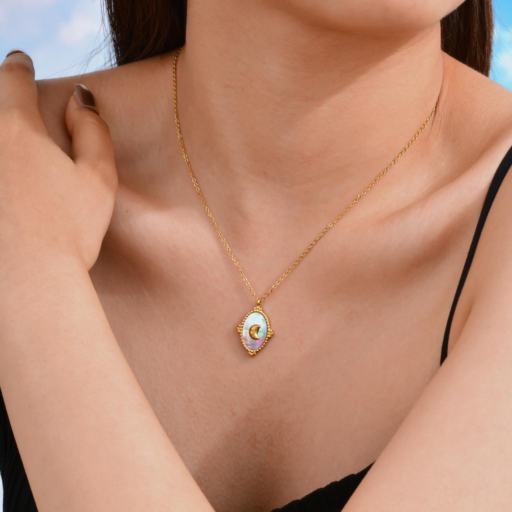 Jewelry Geometric Stainless Steel Oval Gray Shell Moon 18K Gold Pendant Necklace Female 2337