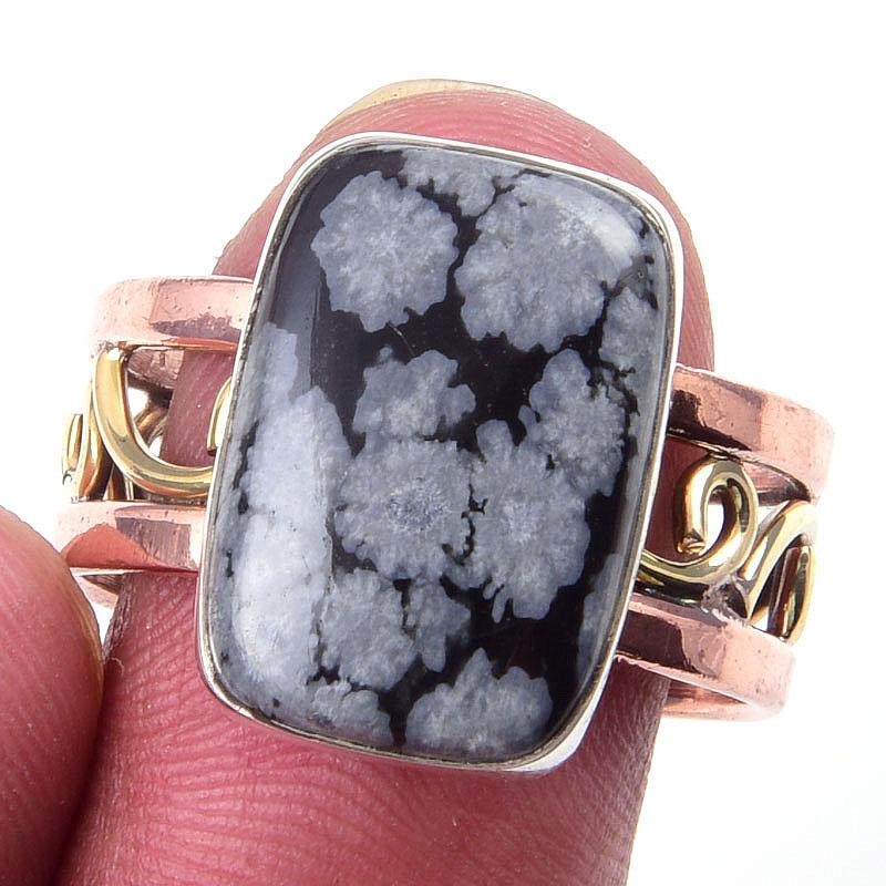 

Natural Snowflake Obsidian Gemstone 925 Sterling Silver Two Tone Ring S.9 R5q77