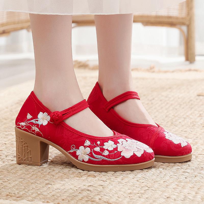 High Heels Women's Shoes Square Heel Light Mouth Round Head Embroidery Sexy and Thin Nightclub Single Shoes Wedding Shoes