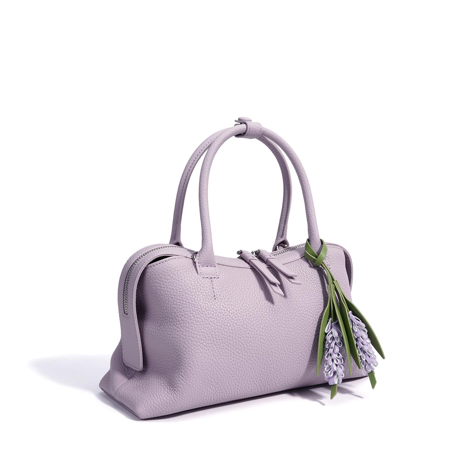

New Genuine Leather Boston Bag Simple Commuter Stylish Tote Bag with Delicate Accessory for Daily Outings фіолетовий
