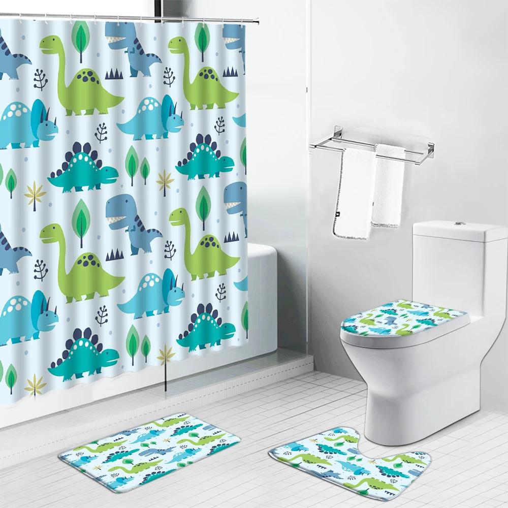 Cartoon Animals Dinosaur Shower Curtains Set Child Baby Bathroom Screen Flannel Non-Slip Rugs Toilet Lid Cover And Bath Mat