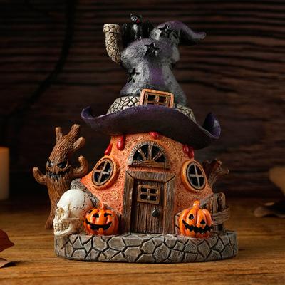 Halloween Hexenhaus Statue mit LED-Licht Magisches Haus Harzfigur Skulptur Heim Büro Desktop Dekoration Ornament