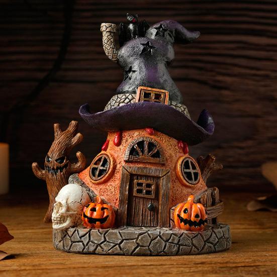 Halloween Witch House Statue with LED Light Magical House Resin Figurine Sculpture Home Office Desktop Decoration Ornament