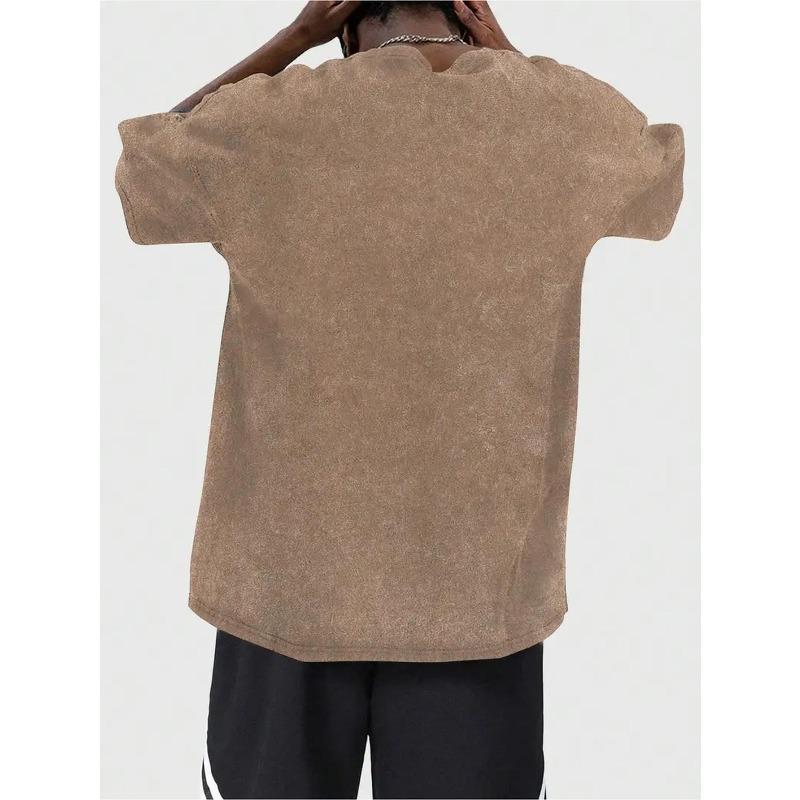 European Size Men's Vintage Washed Cotton, Oversized Loose Fit, Unique Sun and Moon Pattern Print, Casual Fashion Suitable for Casual Wear