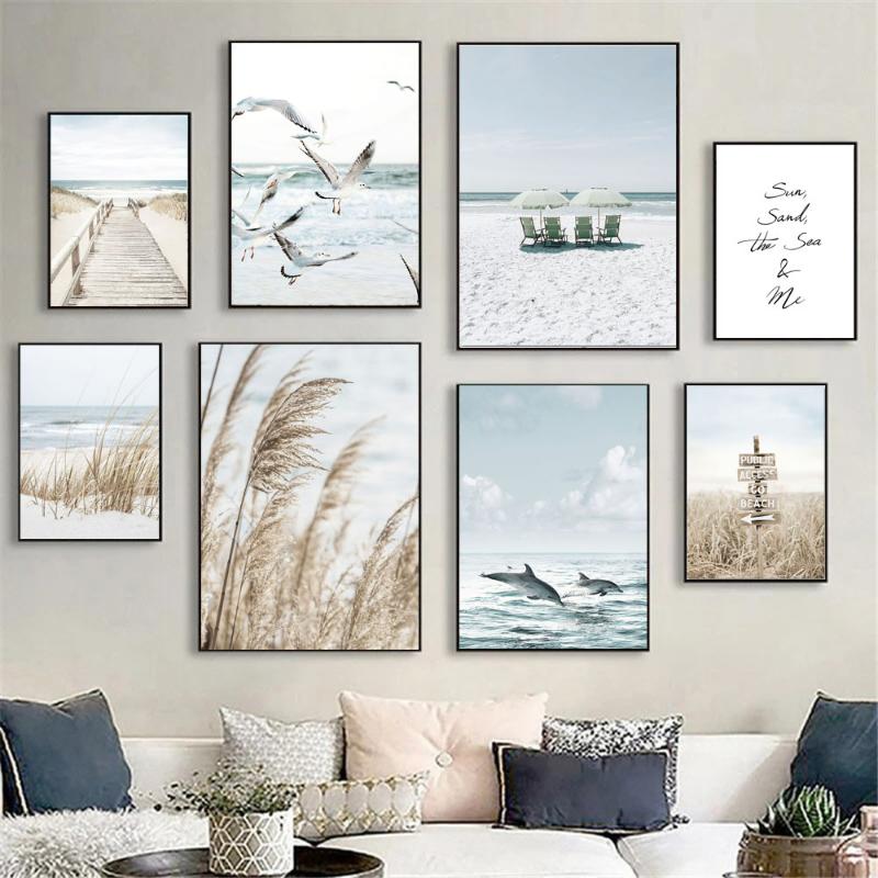 Nordic Posters Reed Dandelion Dolphin Sea Beach Flower Wall Art Canvas Painting And Prints Wall Pictures For Living Room Decor