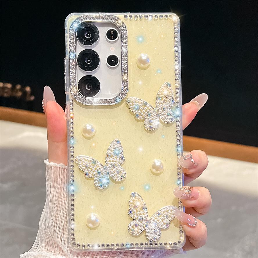Pearl Butterfly Samsung A17 Mobile Phone Case Diamond Edge A26 Suitable for A35 Star Glitter A07 Three Dimensional A55 Women