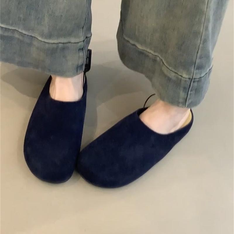 

2025 Ранняя Осень Синий Бархат Остроносые Мюли - Женские Повседневные Ретро Полушлепанцы EU 38 синий/чёрный